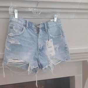 Zara Blue Jean Shorts Distressed High-Waisted